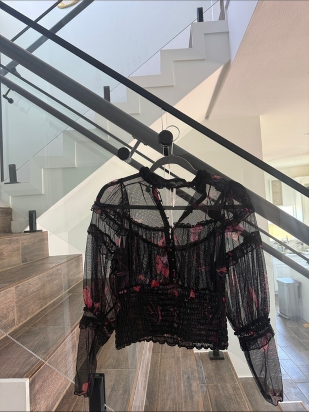 Free People Sheer Black Floral Ruffle Blouse - Women Tops